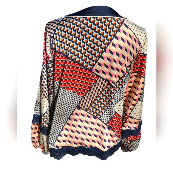 Silky Geometric Patchwork Blouse Crochet accents- Skies Are Blue, Size M - Picture 3 of 9